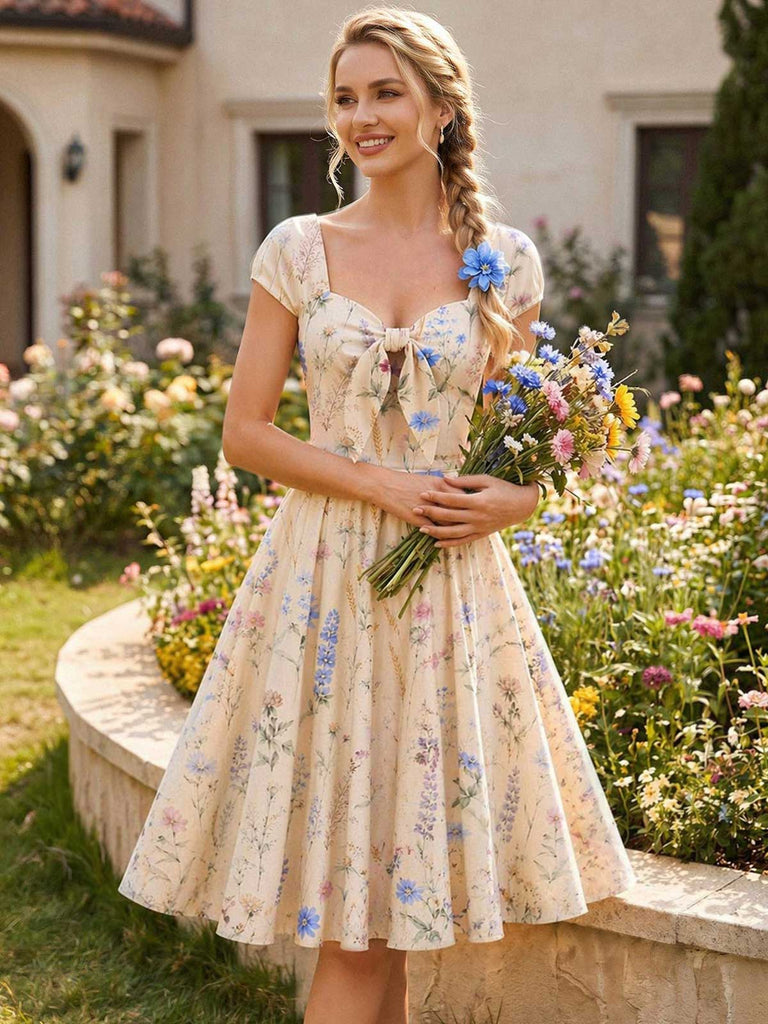 [Prévente] Robe Beige Encolure Cœur Wildflower Nœud Années 1950 4