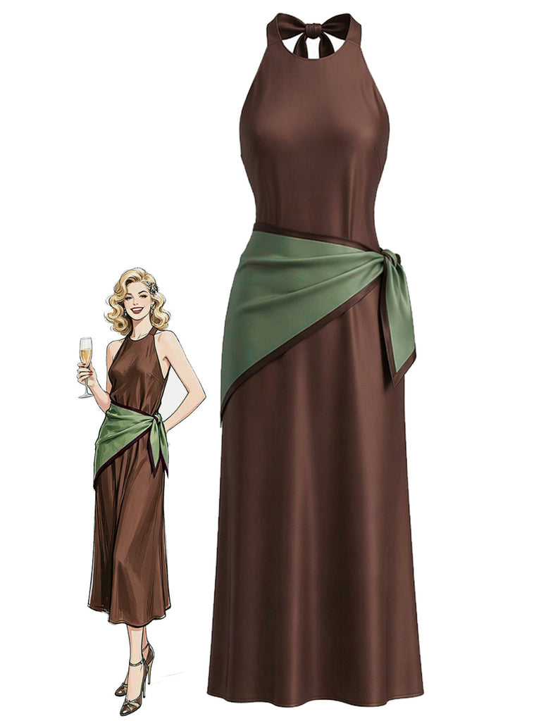 [Prévente] Robe ajustée marron en satin à col Halter et foulard Années 1930 - 1