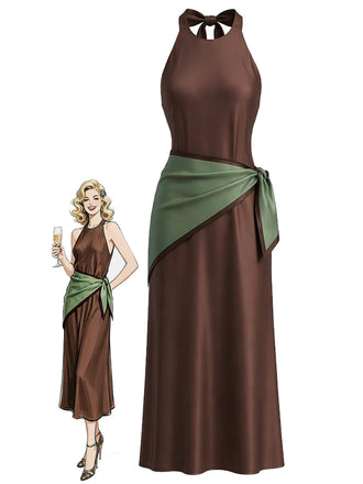 [Prévente] Robe ajustée marron en satin à col Halter et foulard Années 1930 - 1