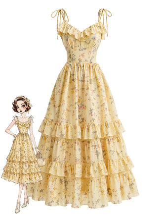[Prévente] Robe Jaune Floral Tie Strap à Volants Étagés Volant Années 1950