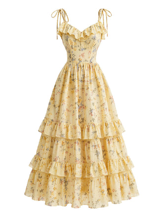 [Prévente] Robe Jaune Floral Tie Strap à Volants Étagés Volant Années 1950