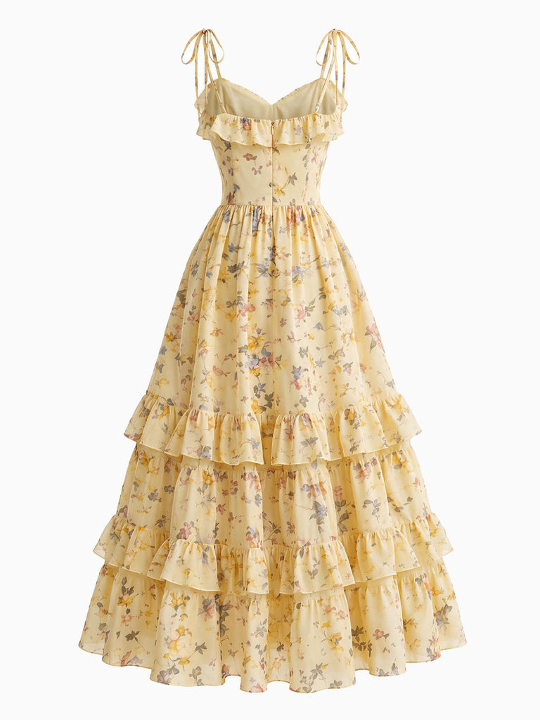 [Prévente] Robe Jaune Floral Tie Strap à Volants Étagés Volant Années 1950