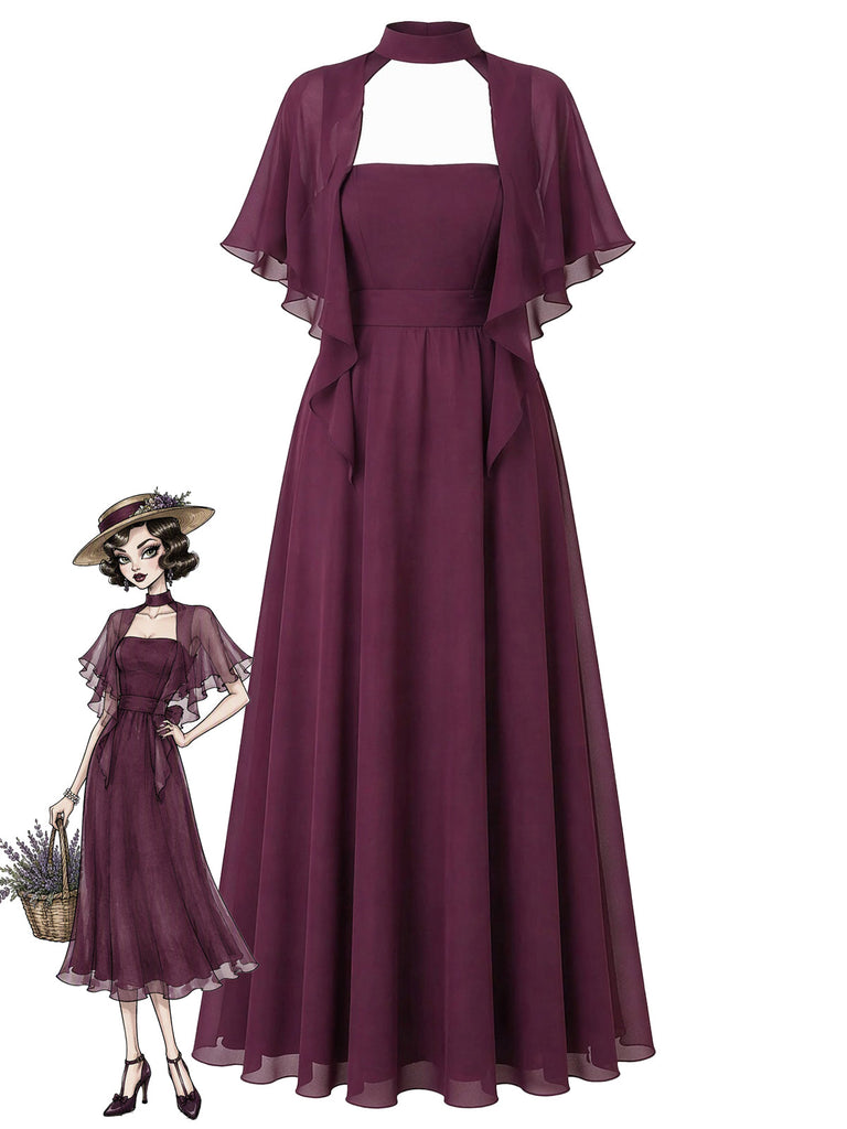 [Prévente] Robe Midi en Mousseline à Col Halter et Manches Cape Prune Années 1930