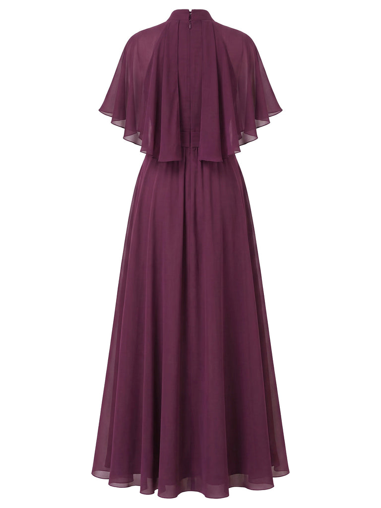 [Prévente] Robe Midi en Mousseline à Col Halter et Manches Cape Prune Années 1930