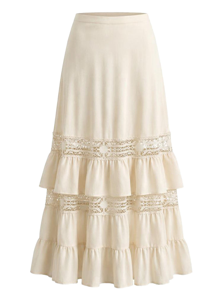 [Prévente] Ensemble 2PCS bohème beige avec blouse et jupe en dentelle à volants Années 1970