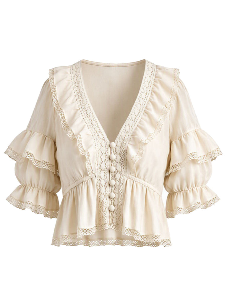 [Prévente] Blouse bohème beige en dentelle à volants et manches bouffantes Années 1970