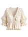[Prévente] Blouse bohème beige en dentelle à volants et manches bouffantes Années 1970