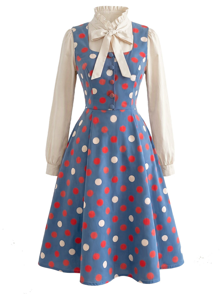 [Prévente] Ensemble 2 pièces blouse à col volanté avec nœud et robe à pois années 1950