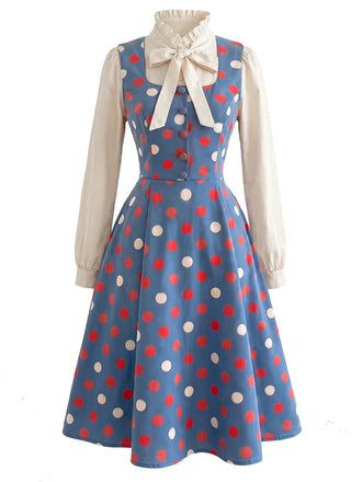 [Prévente] Ensemble 2 pièces blouse à col volanté avec nœud et robe à pois années 1950
