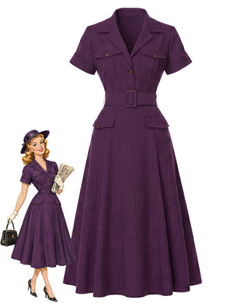 Robe violet foncé rayures fines col chemise et ceinture années 40