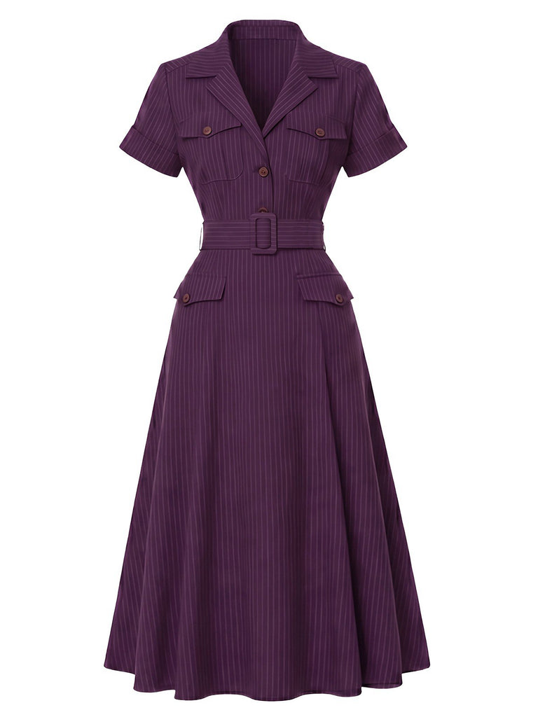Robe violet foncé rayures fines col chemise et ceinture années 40