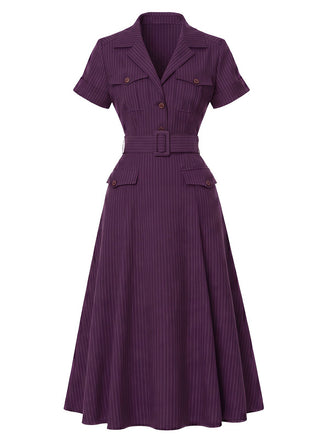 Robe violet foncé rayures fines col chemise et ceinture années 40