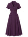 Robe violet foncé rayures fines col chemise et ceinture années 40