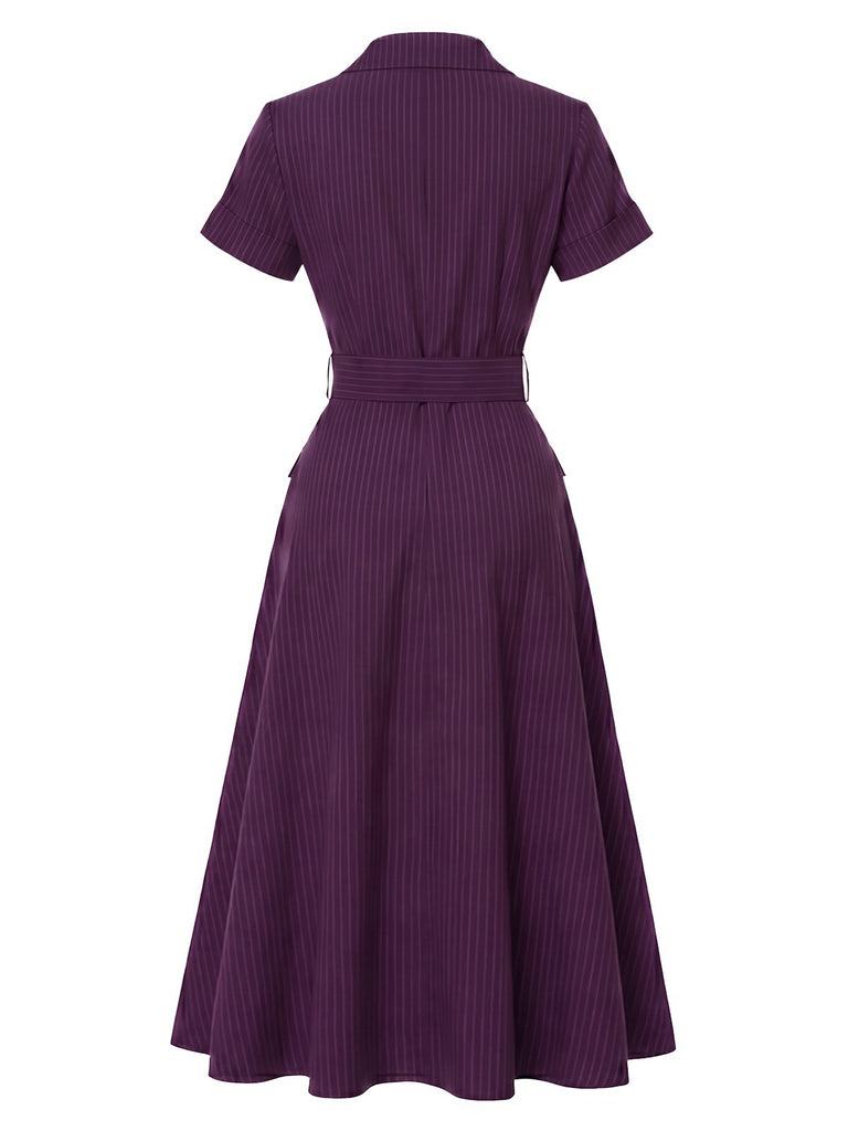 Robe violet foncé rayures fines col chemise et ceinture années 40