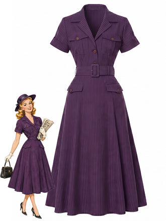 [Prévente] Robe Midi Violet Foncé Fines Rayures Ceinturée Col Chemise Années 1940