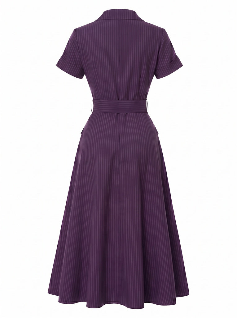 [Prévente] Robe Midi Violet Foncé Fines Rayures Ceinturée Col Chemise Années 1940 3