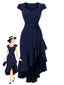 [Prévente] Robe midi bleu foncé ceinturée volants et coupe asymétrique années 30
