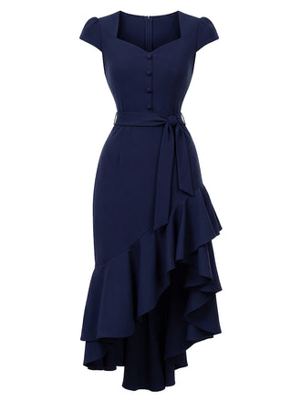 [Prévente] Robe midi bleu foncé à volants, ourlet asymétrique et ceinture Années 1930