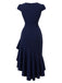 [Prévente] Robe midi bleu foncé à volants, ourlet asymétrique et ceinture Années 1930