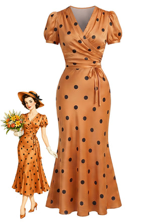 [Prévente] Robe portefeuille orange en satin à pois et col V Années 1930