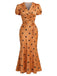 [Prévente] Robe portefeuille orange en satin à pois et col V Années 1930