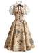 [Prévente] Robe kaki à imprimé montgolfières, effet deux pièces et manches bouffantes années 1950 - 2