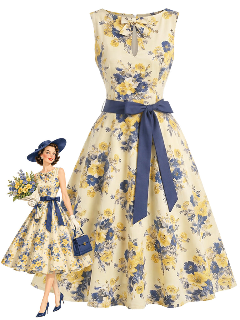 [Prévente] Robe multicolore florale à col rond, nœud et ceinture Années 1950