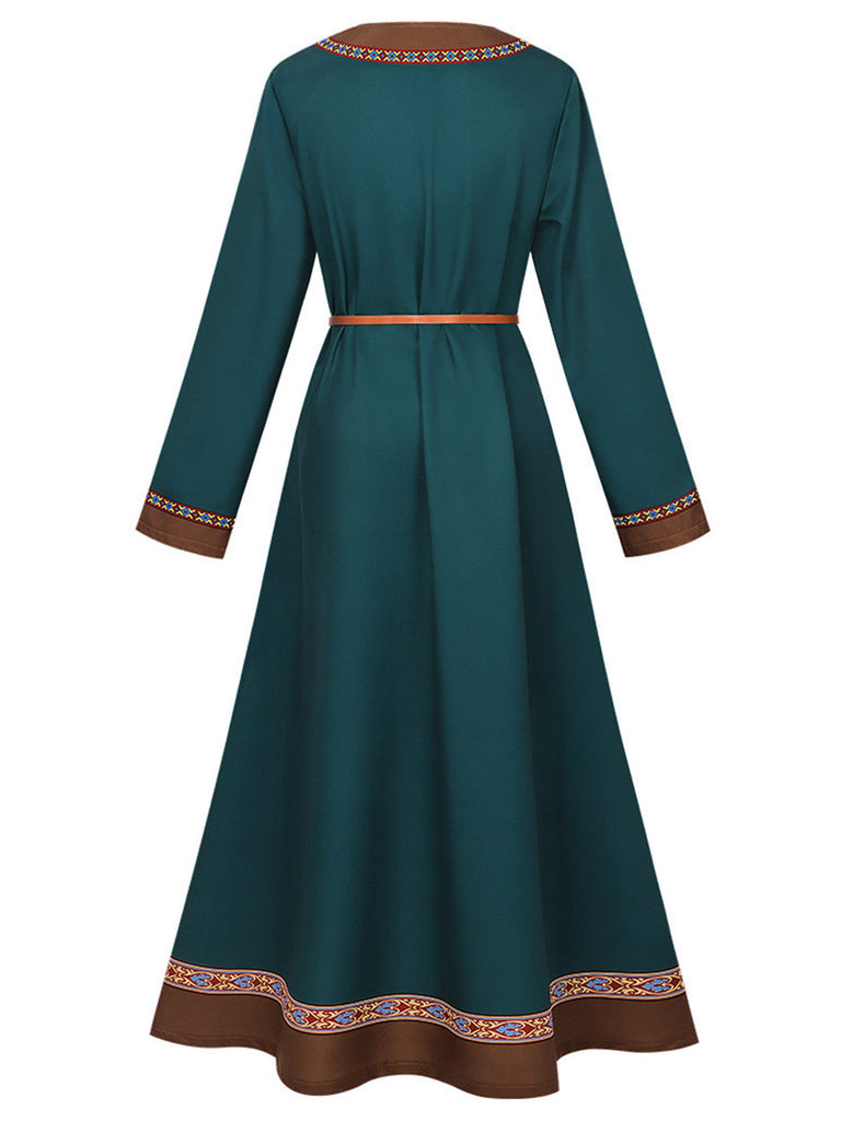 Robe Sarcelle Medieval Renaissance Patterned Trim Ceinturé Années 1970