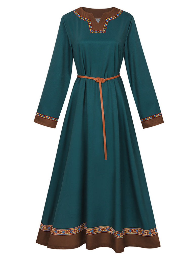 Robe Sarcelle Medieval Renaissance Patterned Trim Ceinturé Années 1970