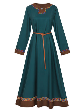 Robe Sarcelle Medieval Renaissance Patterned Trim Ceinturé Années 1970
