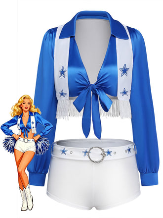 3PCS Bleu et Blanc Star Imprimé Cheerleader Top et Shorts et Vest