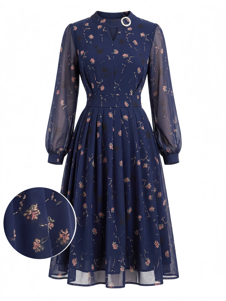 Robe Deep Bleu Ditsy Floral Manches Longues Plissé Années 1940