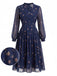 Robe Deep Bleu Ditsy Floral Manches Longues Plissé Années 1940
