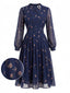 Robe Bleu Foncé Fleurie Manches Longues Plissé Années 1940