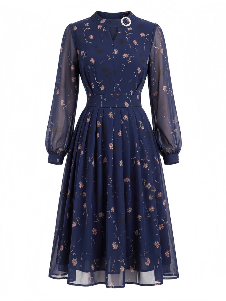 Robe Deep Bleu Ditsy Floral Manches Longues Plissé Années 1940
