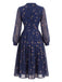 Robe Deep Bleu Ditsy Floral Manches Longues Plissé Années 1940