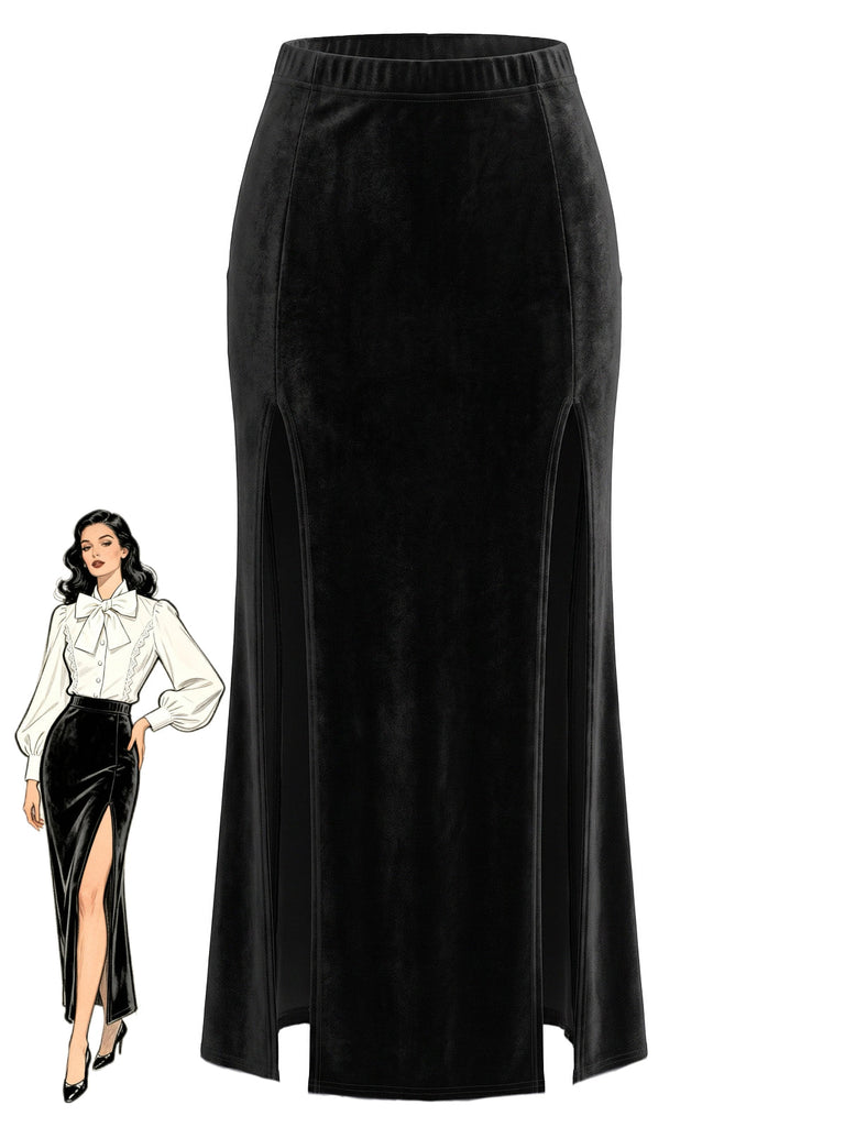 Jupe Noir Côté Fente Velours Midi Jupe Années 1930