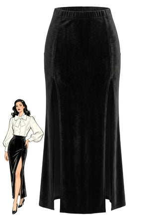 Jupe Noir Côté Fente Velours Midi Jupe Années 1930