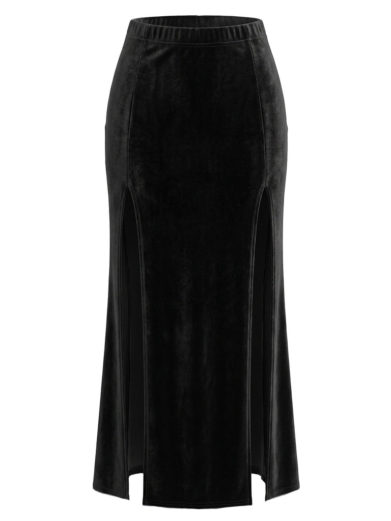 Jupe Noir Côté Fente Velours Midi Jupe Années 1930