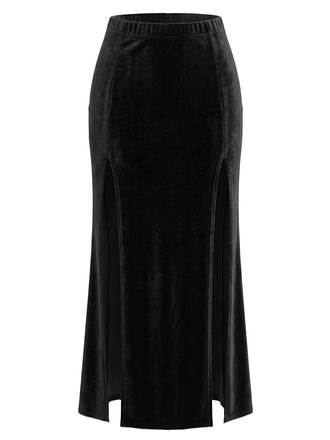 Jupe Noir Côté Fente Velours Midi Jupe Années 1930