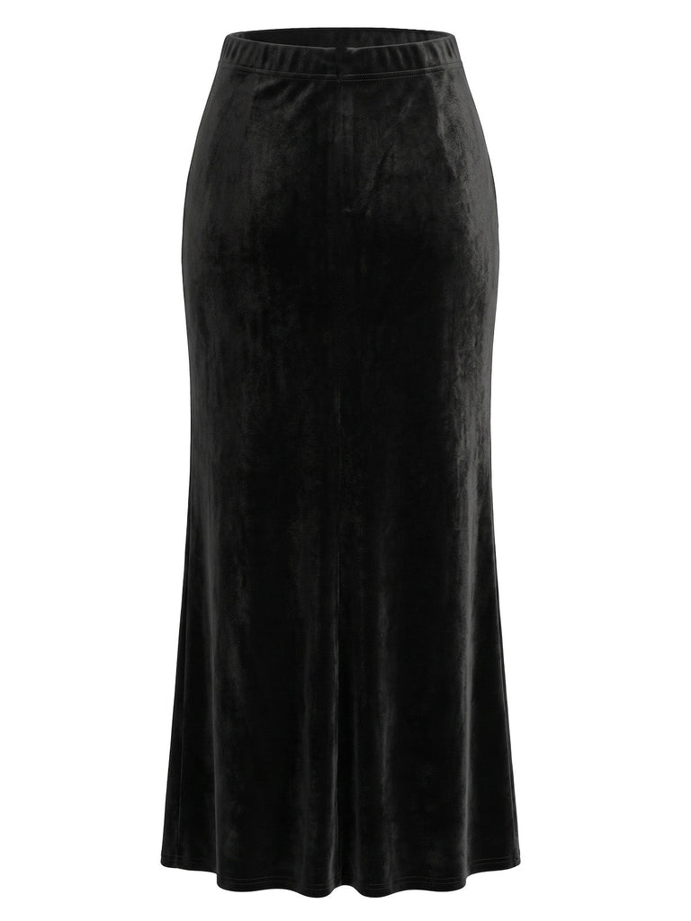 Jupe Noir Côté Fente Velours Midi Jupe Années 1930