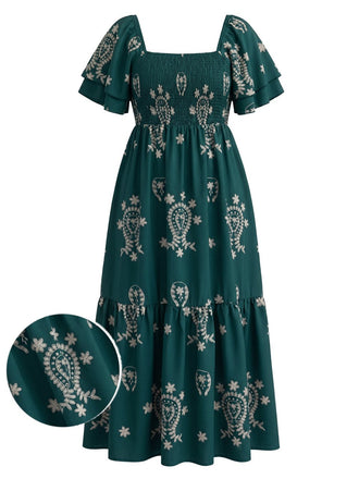 [Grande Taille] Robe Longue Verte Brodée Boho Col Carré Années 1970