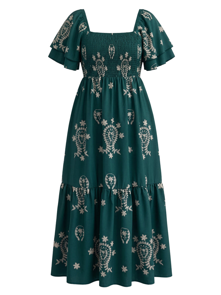 [Grande Taille] Robe Longue Verte Brodée Boho Col Carré Années 1970 2