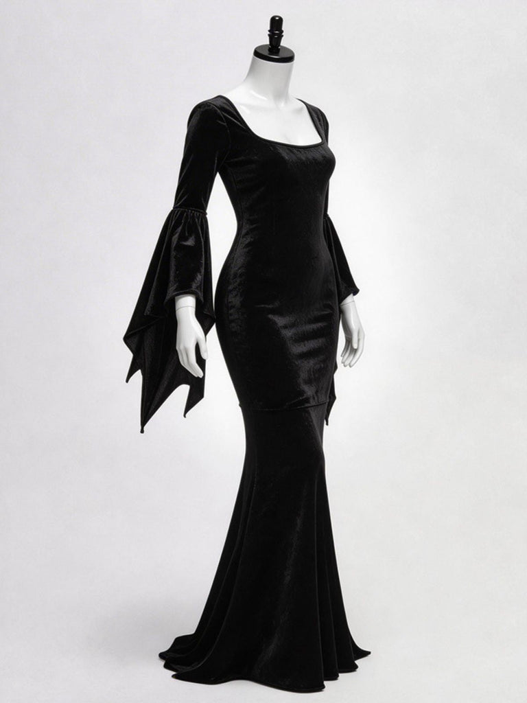 Robe Sirène Noire Velours Manches Évasées Inspirée Morticia Années 1930 6