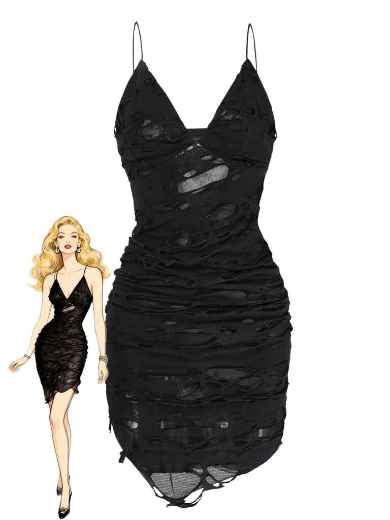 Robe caraco noire Halloween effet vieilli et ajouré Années 1960