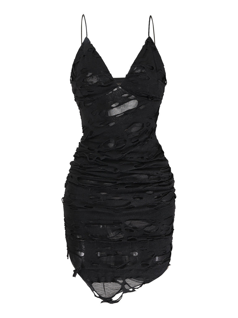 Robe caraco noire Halloween effet vieilli et ajouré Années 1960