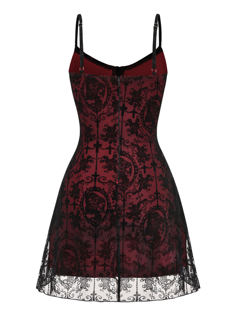 Robe Gothique à Bretelles Spaghetti en Tulle Rouge Années 1960