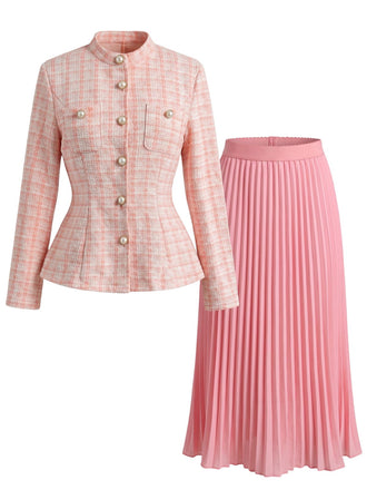 Ensemble deux pièces en tweed, veste à col montant et boutons perlés et jupe plissée années 1960 - 1