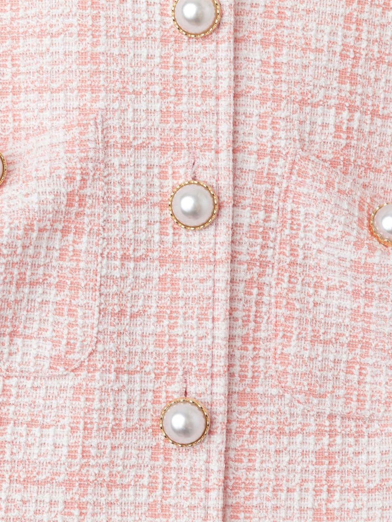 Ensemble deux pièces en tweed, veste à col montant et boutons perlés et jupe plissée années 1960 - 4