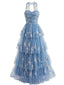 Robe longue bleue sans bretelles tulle et dentelle florale volants étagés années 30